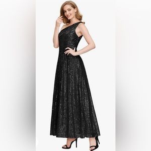 ***SOLD!! Formal Black Sequin One-Shoulder Maxi Dress - Size 16